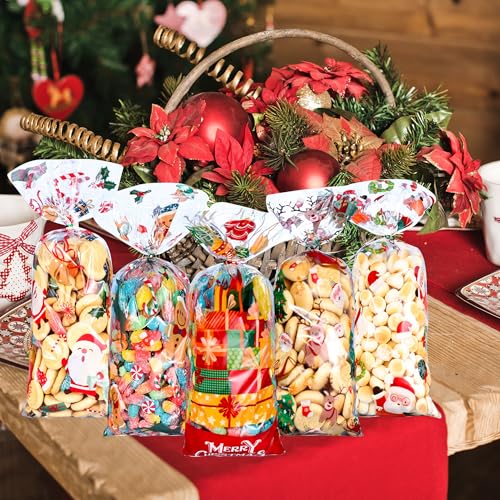 CUUSNNY 100 PCS Christmas Cellophane Treat Bags,9 Styles Clear Xmas Candy Goodie Bags with Twist Ties for Holiday Party Favors,Santa Claus Snowman Snowflake Gift Bags - color: Christmas
