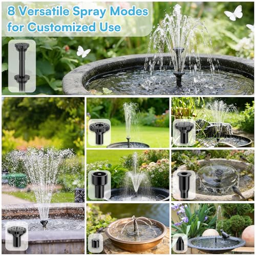 6.5W Solar Fountain Pump for Bird Bath, Solar Water Fountain with Dry-run Protection Water Pump, 8 Nozzles Modes, 5Ft Tubing for Pond, Bird Bath, Backyard DIY Water Feature Used - size: 6.5W