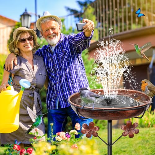 Metal Bird Bath for Outside, Freestanding Birdbaths Bowl Outdoor with Iron Stake, Vintage Spa Birdfeeder Bowl for Garden Patio Yard Lawn Decor, Easy to Clean - color: Vintage Brown, Flowers