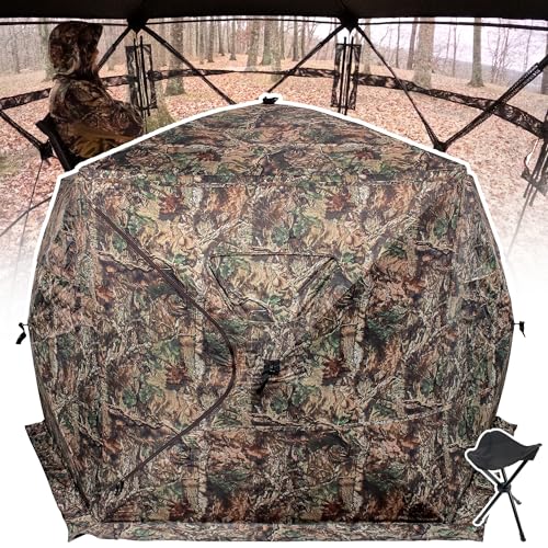 Extra Large Hunting Blind 4 Person with Portable Hunting Chair, 288 Degree See Through Pop up Ground Blinds for Deer Turkey Duck Hunting, Bow Hunting Adjust Windows with Silent Zipper - color: Green