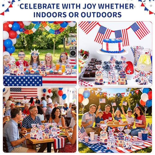 QOIUSO 50 Pcs 4th of July Cellophane Treat Bags - Patriotic Candy Goodie Bags with Gold Twist Ties - Clear Independence Day Party Favor Bags for Cookies, Snacks, Gift Packaging Supplies - color: 4th of July-50pcs