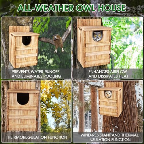 Owl House, Large Wooden Owl Nesting Box for Outside (8.7" x 7.5" x 14.2"), 3.3" Predator-Deterrent Entrance, Side Vent Holes & Bottom Drainage, Includes 2 Coco Liners, Easy Assembly