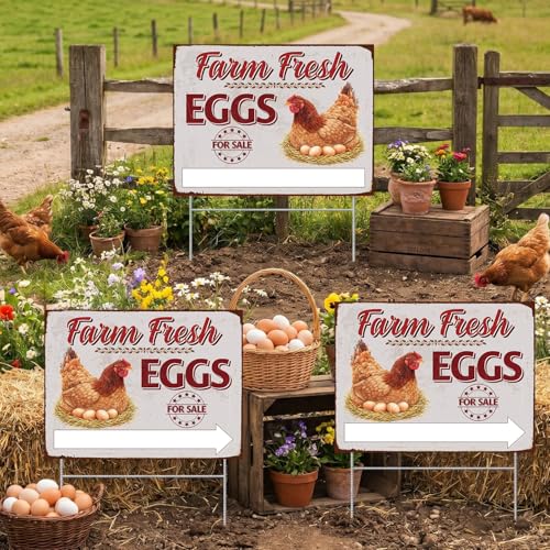 Rngmsi Farm Fresh Eggs for Sale Sign, 3PCS Fresh Eggs Sign Double Sided Farmers Market Decor, Waterproof Metal Mark with 6 Stakes for Indoor Outdoor Yard Business Supplies Home Decor 16 X 14 Inch - color: Fresh Eggs
