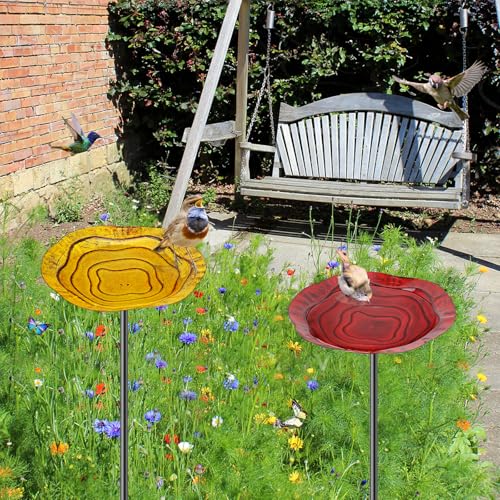 2Pcs Metal Bird Baths for Outside, Hummingbird Small Birdbath Bowl for Outdoors with Metal Stake, Bird Feeder for Garden Yard Lawn Decor (2P-Red&Yellow) - color: 2P-Red&Yellow
