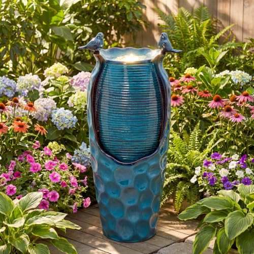 Autodaya 33" Vase Ceramic Outdoor Water Fountain with Lights and Birds | teal blue glazed water feature with textured design, ambient soothing cascading water flow for garden patio yard sanctuary - color: 33"h-birds Jar Turquoise Glaze