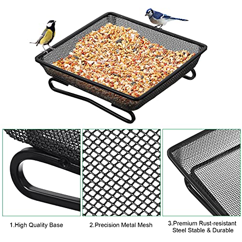 2 Pcs Deck Railing Balcony Bird Feeder Tray with 4 Fixed Elastic Ropes | 7x7x2 Inch, Metal Iron, Rust-resistant, Fits Deck Railing, Balcony, Garden Wall, Backyard, for Wild Birds and Squirrels