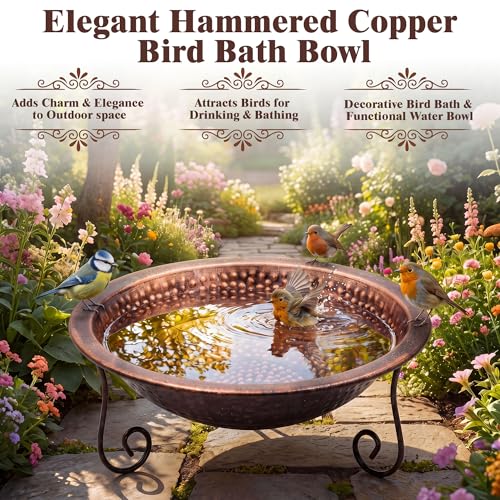 12.8" Hammered Copper Bird Bath Bowl with Stand, Large Birdbath Bowl Replacement, Decorative Birdbath Water Bowls for Garden Patio Deck, Wide Perching Rim Outdoor Ground Bird Bath Dish