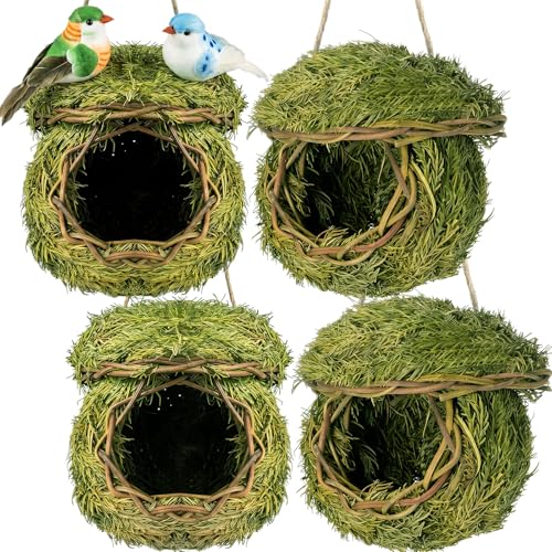Hotop 4 Pcs 5 x 5.5 Green Grass Birdhouse for Outside Hand Woven Hummingbird Nest House Roosting Pocket Small Natural Fiber Bird Houses for Finch Canary Chickadee Outdoors Hanging Garden Decoration