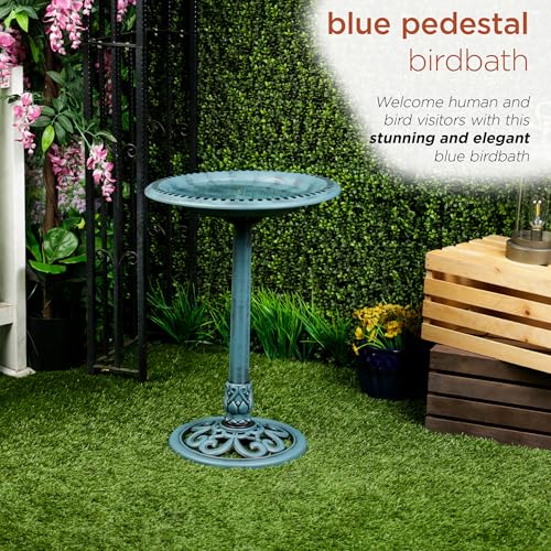 Alpine Corporation TEC116BL Pedestal Birdbath with Scrollwork Base and Ground Stakes, Décor for Lawn & Garden, 28" H, Blue - color: Blue Birdbath