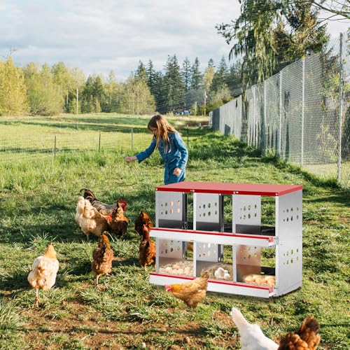 6 Compartment Roll Out Chicken Nesting Box,Metal Hens Chickens Coop Boxes,Chicken Laying Egg Nest Box,Outdoor Chickens Nesting Boxes,with Basket,for Geese Ducks Poultry Farm Yard Backyard (Red)