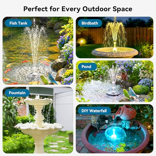Antfraer 12W Solar Fountain Pump with 4200mAh Battery Backup& Remote RGB LED Lights, Floating Solar Water Fountain with 8 Nozzles & PVC Tubing for Bird Bath, Garden, Backyard, Outdoor Water Feature - style: 12W With Remote Lights