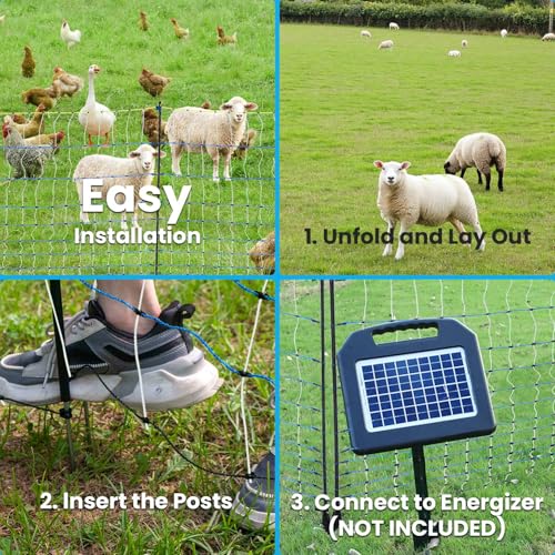 Poultry Netting Electric Fence,47.2" H x 164'L, Electric Chickens Fence | for Chickens, Ducks, Turkeys, PE Net Fencing Kit with Posts & Double-Spiked Stakes, Used in Backyards, Farms - size: 47.2" H x 164'L