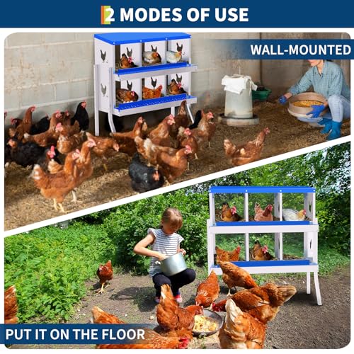 Chicken Nesting Box, 6 Compartment Galvanized Steel Chicken Laying Boxes, Heavy Duty Rustproof Chicken Coop with Easy Egg Collection for Backyard Farms - with Bracket Legs, Blue - color: blue, size: 46.1"L x 17.3"W x 8.5"H