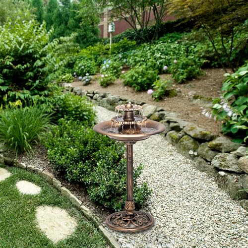 Alpine Corporation TEC106-BZ 35” Tall 3-Tier Pedestal Water Fountain with Birdbath in Vintage – Outdoor Garden Fountain for Yard, Patio, Deck Decoration, Bronze