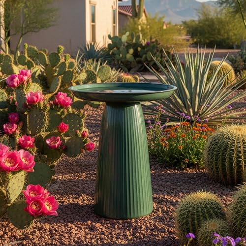 Sunnydaze Modern Bird Bath for Outside, Iron, 23” H, Green Glaze | UV & Rust-Resistant Matte Finish, Durable Iron,1 Gal Water Cap, Outdoor Birdbath for Garden, Pedestal Bird Bath with Bowl - color: Green Glaze