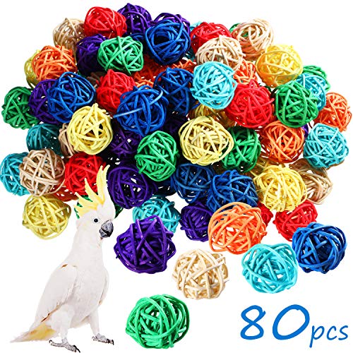 Sumind 80 Pieces Parrot Toy 1.2 Inch Wicker Rattan Balls Wooden Blocks Bird Chewing Toys Mini Wood Chips Pet Parrot Cage Accessories for DIY Playing Chewing Shredding Mixed Bird Toys, Random Color - style: Rattan Balls