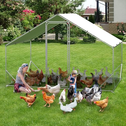 GarveeLife Large Chicken Coop, Metal Chicken Run with Anti-Ultraviolet Waterproof Cover, Spire Roof Walk in Poultry Cage, Outdoor Chicken Pen for Backyard and Farm Use, 9.8 ft x 6.5 ft x 6.5 ft - size: 118.1"L x 78.7"W x 78.7"H
