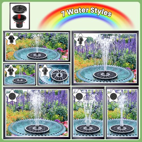 Yzert 2026 Remote Solar Powered Fountain, 6W Glass Bird Bath Fountain with 4000mAh Battery, 7 Nozzles, 4 Fixers & 8 Colorful LEDs, Adjustable Water Height for Outdoor Garden Pond Pool - color: 8leds