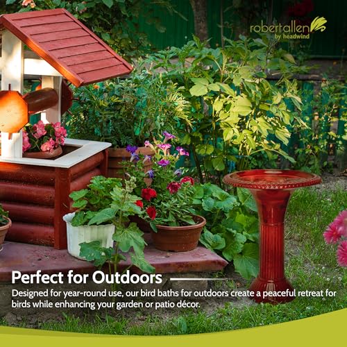 Headwind Metal Bird Bath for Outside – 18" Ironstone Cayenne Red Birdbath Bowl for Outdoors, Decorative Garden Bird Fountain, Yard Decor or Patio by Robert Allen - size: 18 Inch