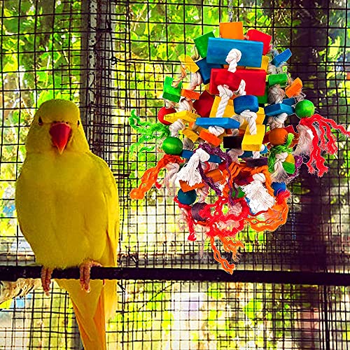Rypet Large Parrot Cage Toy, Wood Rope Bite Toy for Cockatiels Conures | Natural Wood Blocks, Durable Rope, Cotton Knots for Chewing, Hanging Play for Large Birds - color: Colorful1