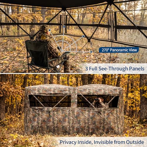 Hunting Blinds with See Through Panels, Portable Hunting Tent for Turkey Deer Duck Hunting, Pop Up Ground Blind with Silent Windows, Camo Concealment, Weather-Resistant Outdoor Shelter w/Carry Bag - size: 116.5x58.27x65.75 Inch