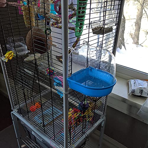 PINVNBY 2Pcs Bird Bath for Cage,Parrot Bathtub for Cage,Hanging Bird Bathing Tub with 2Pcs Water Injector and 2Pcs Feeding Spoon for Canary Budgerigar Lovebird Birds (Blue and Green)