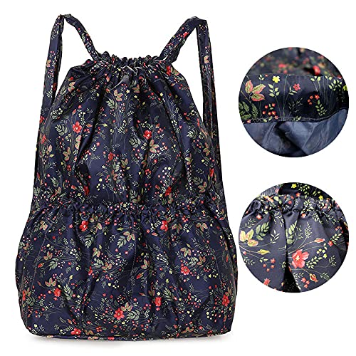 Van Caro Drawstring Backpack String Bag Sport Gym Sackpack Cinch Water Resistant Nylon Large Capacity Shopping Yoga Bag,Blue with Red Flower - color: 5898 Blue With Red Flower
