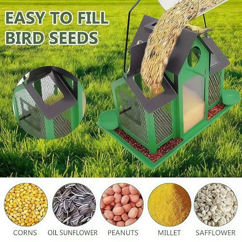 Solar Bird Feeders House for Outside Hanging, Metal Wild Bird Feeder for Outdoors Large Capacity Cardinal Birdfeeder Birdhouses Metal Bird Feeding Station Green - color: green
