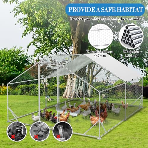 GarveeTech 6.5FT Walk in Chicken Coop Metal, Large Chicken Run with Triangular Brackets, Waterproof & Anti-UV Cover, Poultry Cage for Duck Goose Rabbit, Hen House for Yard Backyard Farm, 6.6' h - size: 9.8' x 13.1' x 6.6'