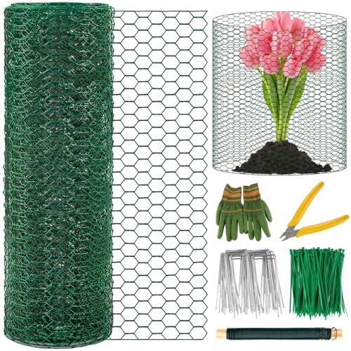 Convivium Plant Protectors from Animals, 0.8mm Free-Cut Green Chicken Wire Mesh, PVC Coated Tree Trunk Guard & Garden Fence for Outdoor Plants with Zip Ties, Stakes, Pliers, Gloves（33Ft*16In） - size: 33Ft*16In