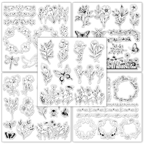 Whaline 5 Sheets Wildflower Clear Stamps Floral Leaves Butterfly Silicone Transparent Stamps for DIY Craft Card Making Scrapbooking Embossing Album Decor - style: Wildflower