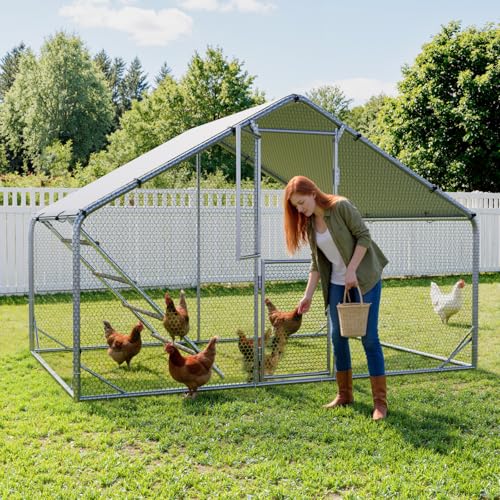 Sannwsg Large Chicken Coop, Metal Chicken Run, 10x6.5 FT Walk in Chicken Pen with Waterproof Cover, Secure Lock, Heavy Duty Poultry Cage with Feeding Door for Outdoor Farm Use - size: 118.0"L x 78.0"W x 79.0"H