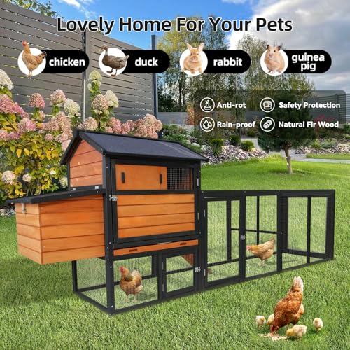 113inch Chicken Coop, Large Wooden Chicken Coop with Nesting Boxes & Run Cage for 3-6 Chickens, Outdoor Hen House Poultry Hutch Rabbit Cage with No-Slip Ramp & Pull-Out Tray for Backyard Farm - color: brown