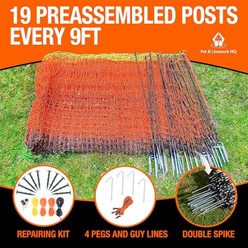 Pet & Livestock HQ Electric Fence Poultry Netting 41" x 164' - Portable Pre-Assembled Electric Net Fencing for Goats, Sheep, Lambs in Farms, Ranches, and Gardens (19 Posts, 2 Spikes) - size: 41" x 164'