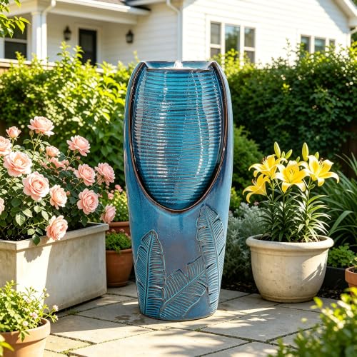 Autodaya 33" H Ceramic Jar Outdoor Water Fountain, Banana Leaf-Texture | Artisan High-Fired Glaze, Warm Ambient LED Lighting, Upgraded Pump, Soothing Cascading Water Feature For Garden Patio Yard - color: 32"h-leaf Pattern Teal Blue Glaze