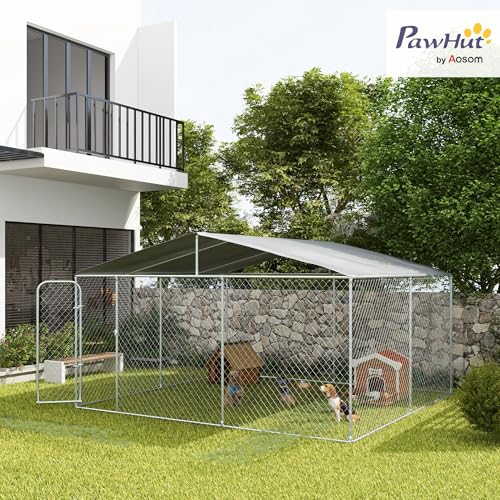 PawHut Outdoor Dog Kennel Heavy Duty Fence for Large Breeds 15' x 15' x 7' | Dog Run Outdoor Fence, Waterproof Cover, Galvanized Chain Link, Secure Lock, for Chickens, Ducks - size: 181.0"L x 181.0"W x 91.3"H