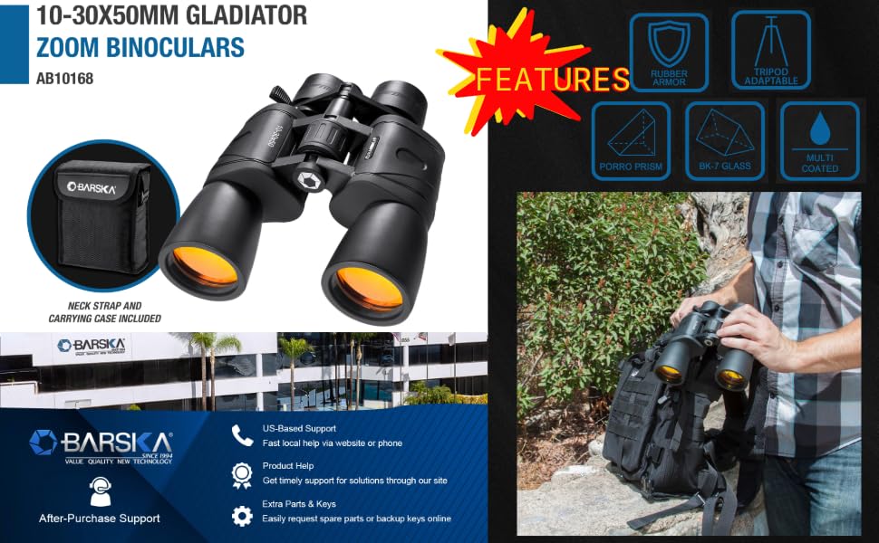Barska Gladiator 10-30x50 Zoom Binoculars with Tripod Adaptor for Stargazing, Birding, Hiking, Sports, Travelling, Camping - style: 10-30x50 Ruby Lens