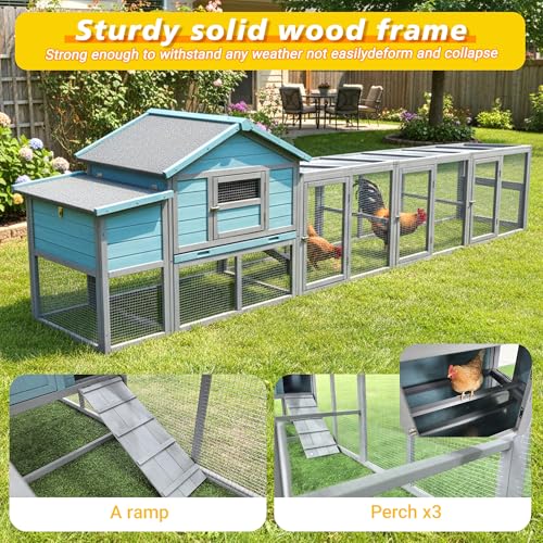 YOPTO Large Wooden Chicken Coop with Run Blue Gray 141.1 in | 21.2 ft² run, Fits 3–4 chickens, Nesting box, Sliding tray, Waterproof UV roof, Solid wood frame - size: 141 in
