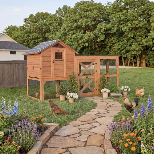 Backyard Discovery Rustic Roots Cedar Wooden Chicken Coop for Up to 6 Chickens with Automatic Door, Nesting Box, Wire Mesh Run, Roosting Bars, Steel Roof, Removable Floor Mats, Rooster and Hen House