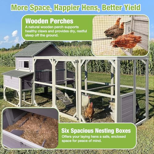 Large Chicken Coop Outdoor Waterproof Chicken Run with Asphalt Roof, Wooden Poultry Enclosure with Easy-Clean Slide-Out Tray for 8-10 Chickens Poultry Cage with Nesting Boxes for Duck Rabbit - size: 134.5"L x 59.0"W x 62.4"H