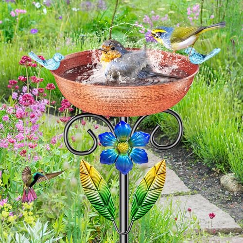 Metal Bird Bath for Outside, Vintage Freestanding Birdbaths & Birdfeeder Combo with Rust-Resistant Stake, Bird Baths Feeder Bowl for Outdoors Garden Patio Yard Lawn Decor - style: Brown+Flower