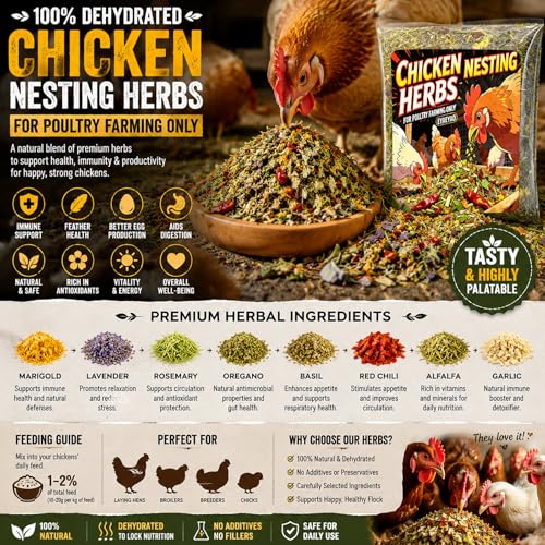 16oz Chicken Nesting Herbs, Dried Herbal Blend for Coop Bedding & Nesting Boxes, Natural Herbs for Chickens with Marigold Lavender Rosemary Oregano Basil, Red Pepper Flakes, Alfalfa, Garlic