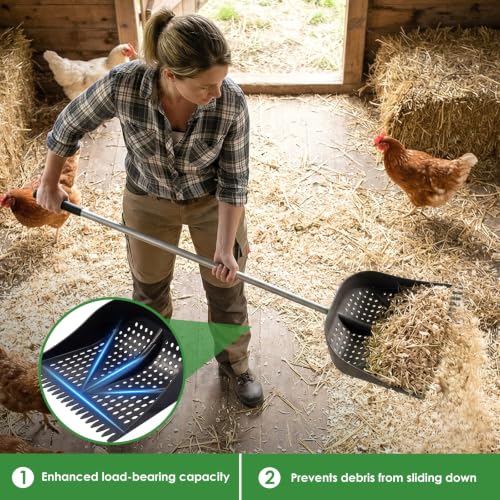 Thiswing Chicken Poop Scooper & Rake 2-in-1, Black | Adjustable Handle Length, Features Manure Sifting Capability, Ideal for Chicken Coops and Farm Animal Cleaning - color: Black