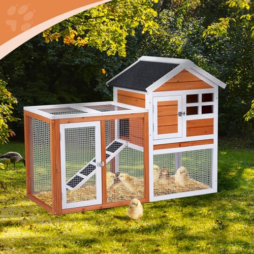 Outvita Rabbit Hutch, Small Wood Chicken Coop, 48" w/Pull-Out Tray | Guinea Pig Cage , Waterproof Asphalt Roof, Chicken Run, Interactive Door for Small Animal Pen Outdoor
