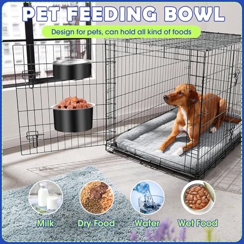 Attachable Dog Bowls for Crates, ShineMe 40oz & 60oz Dog Kennel Food and Water Bowl, 7.1 x 3.7” & 6.3 x 2.6” Dogs Crate Bowls Hanging No Spill for Large or Medium Dogs, Set of 2 Black - color: Black (60oz+40oz)