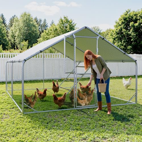 Sannwsg Large Metal Chicken Coop with Run, 10x13 FT Walk in Chicken Pen with Feeding Door, Secure Lock, Heavy Duty Poultry Cage with Waterproof Cover for Outdoor Farm Use - size: 118.0"L x 157.0"W x 79.0"H