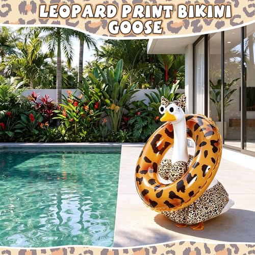 Bikini Porch Goose Outfits with Sunglasses and Swimming Tube for 23" Summer Goose Costume Garden Patio Statue Decor(Leopard Print) - style: Leopard Print
