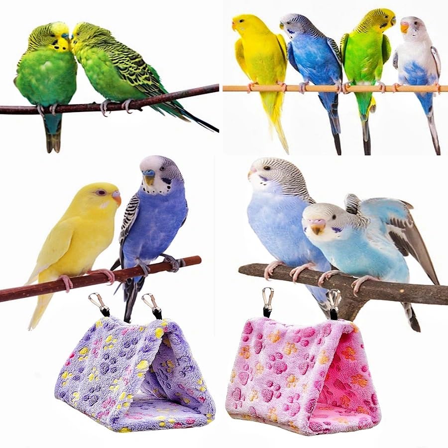 2 Pack Bird Nest Plush Snuggle Bird Hammock Hanging Bird Cave Parrot Sleeping Bed Shed Hut Hanging Tent for Budgies Finch Parakeet Cockatiel Cockatoo Lovebird-Foot Pattern (Pink&Purple) - color: Pink&Purple(Foot Print)