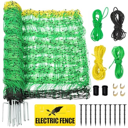 Rintea Electric Fence Netting, 42.6 in H x 164 ft L, Livestock Fence | Portable PE livestock net with 14 double-spike posts for sheep, goats, hogs, cattle and dogs; energizer not included