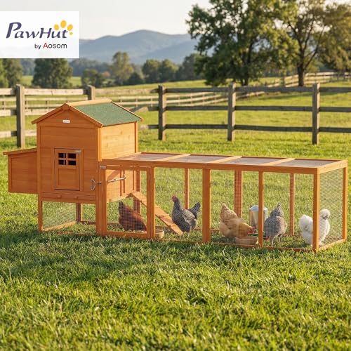PawHut 118" Extra Large Chicken Coop Asphalt Roof for 3-6 Chickens Orange | Wooden Hen Run, Slide-Out Tray, Nesting Box, Hen Hutch - color: Orange